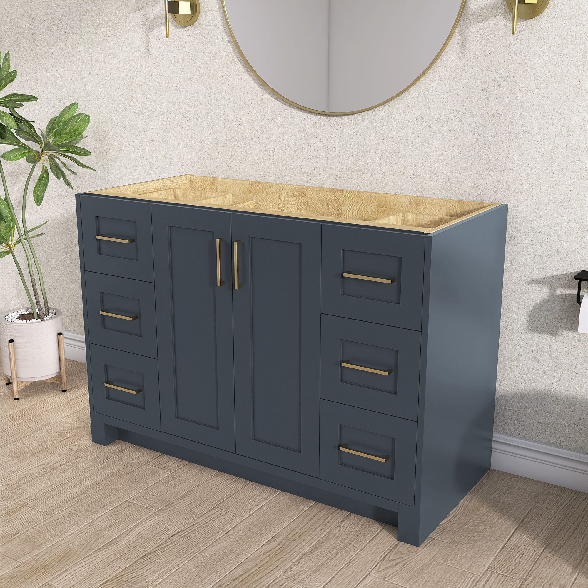 ZEAFIVE Solid Wood 48" Single Bathroom Vanity Base Only In Navy Blue ...